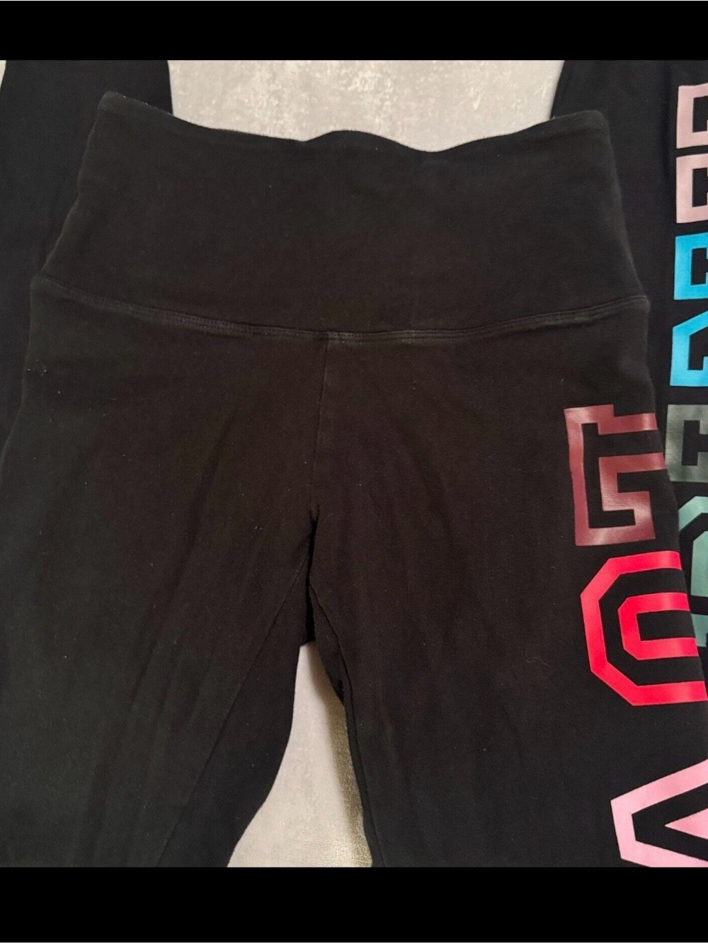 PINK Victoria's Secret Black Leggings with Pink & Teal Logo Blocks